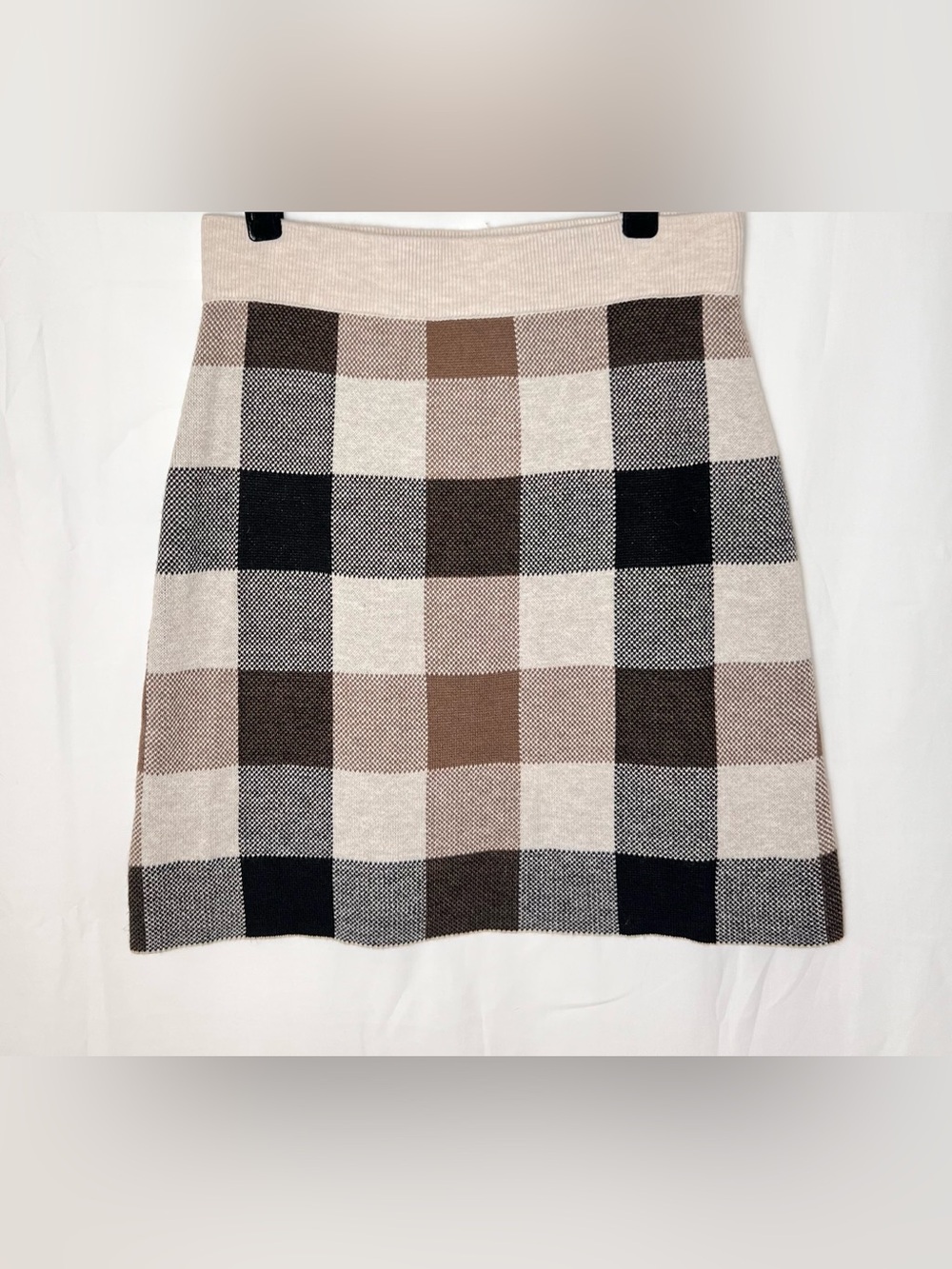 LOFT Plaid Knit Sweater Skirt in Beige, Brown & Black